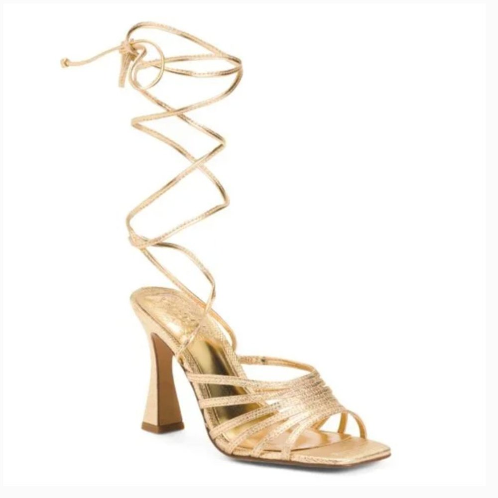 Vince Camuto Roselian Ankle Tie Strappy Sandal Heel, Gold Metallic, Size 8.5M